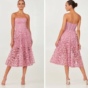 Helsi‎ Florence Strapless Floral Sequin Pink Orchid Dress XS Midi 3D Applique